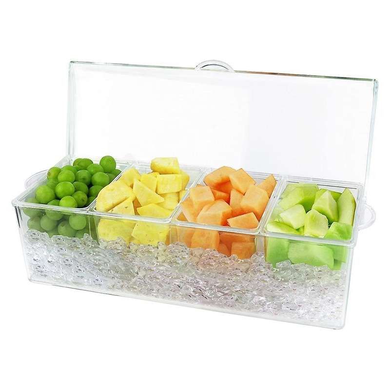 Ice Chilled Condiment with 4 Containers, Condiment Server with Separate Lids, Serving Tray Platter