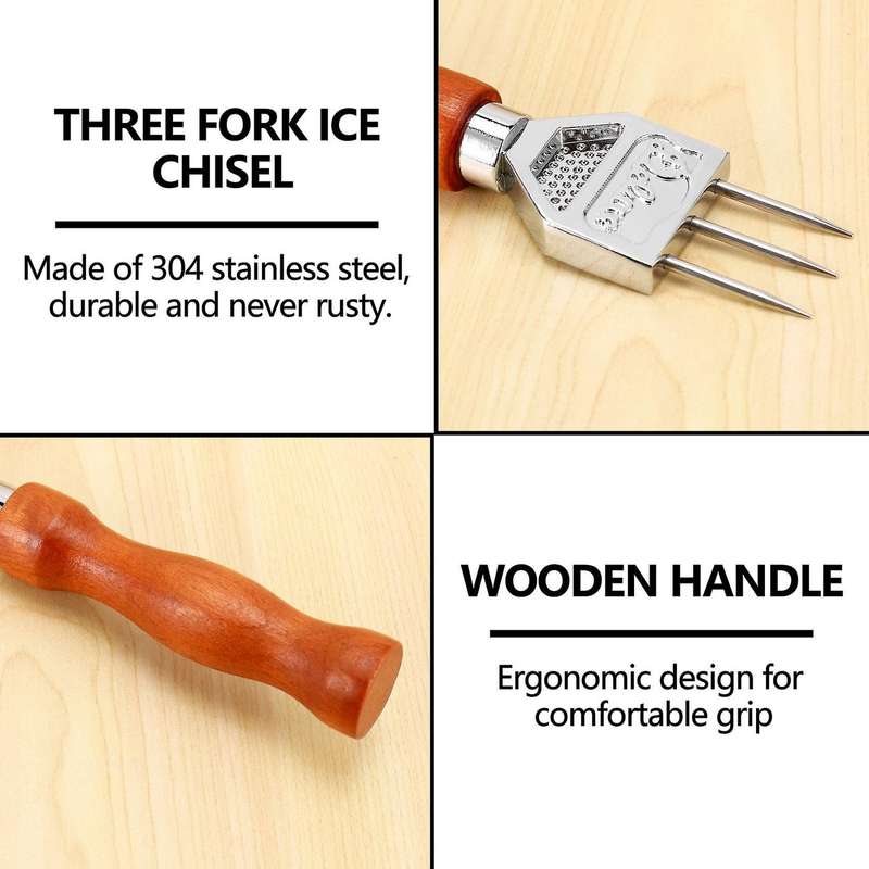 Ice Pick - Wood Handle, 304 Stainless Steel Three Pronged Ice Crusher