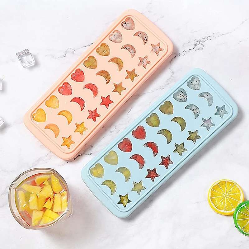 Ice Cube Tray with Lid Stars Moons Love Hearts Shape 24 Cavity Silicone Safe Durable Whiskey Ice Ba