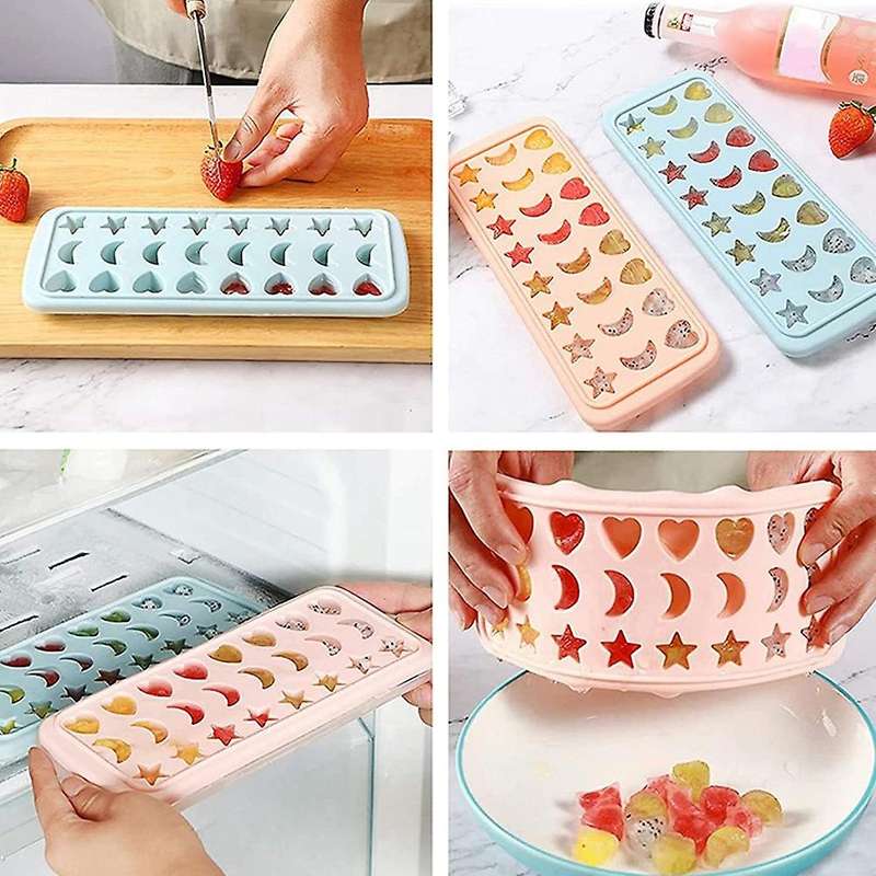 Ice Cube Tray with Lid Stars Moons Love Hearts Shape 24 Cavity Silicone Safe Durable Whiskey Ice Ba