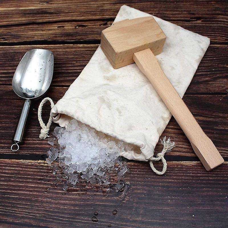 Ice Mallet and Ice Bag - Wood Hammer and Cotton Linen Bag for Crushed Ice, Bartender Kit & Bar Tools