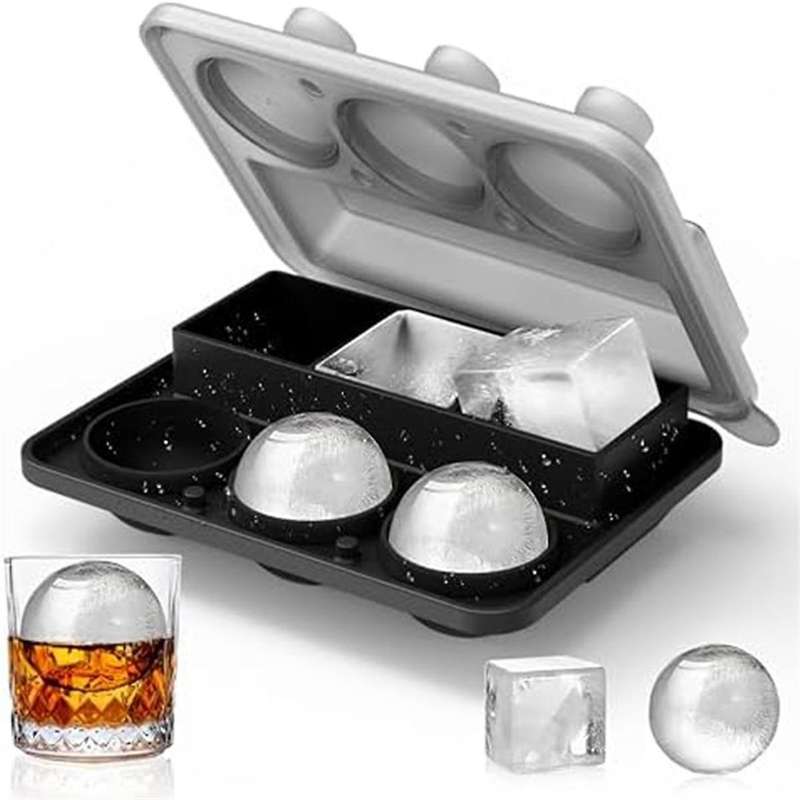 Ice-Cube Tray Combo, Square & Ball Ice Molds, Slow Melting for Whiskey, Easy Release, Reusable
