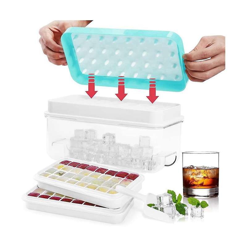 Ice-cube Tray with Lid and Bin for Freezer, Press Type Easy Release 64pcs Ice-cubes Molds with Stac