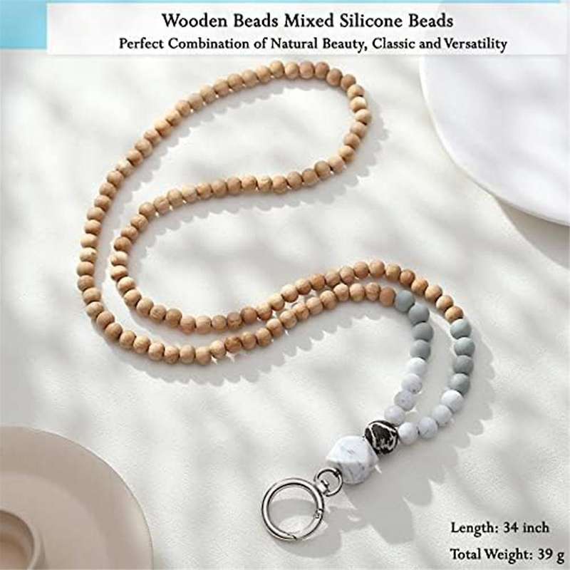 ID Badge Key Lanyard Women's Cute Teacher Lanyard Silicone Wood Bead Lanyard Necklace School Office