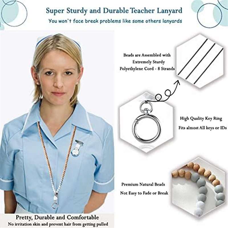 Id Badge Key Lanyard Women's Cute Teacher Lanyard Silicone Wood Bead Lanyard Necklace School Office