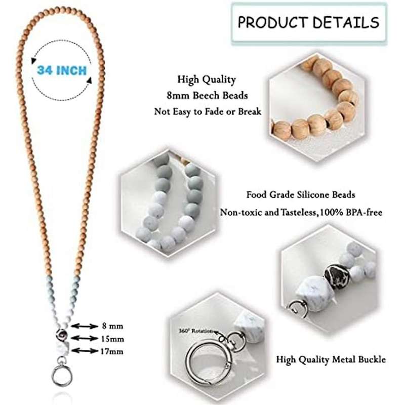 Id Badge Key Lanyard Women's Cute Teacher Lanyard Silicone Wood Bead Lanyard Necklace School Office