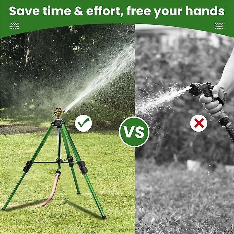 Impact Sprinkler Head on Tripod Base, 360Heavy Brass Sprinkler Nozzle, Metal Extension Legs Flip Loc