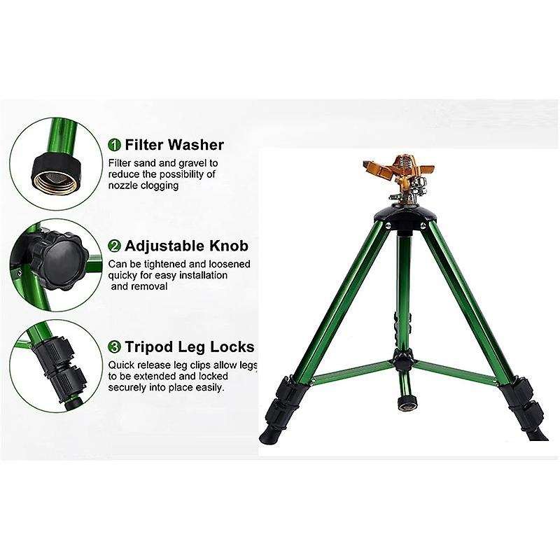 Impact Sprinkler Head on Tripod Base, 360Heavy Brass Sprinkler Nozzle, Metal Extension Legs Flip Loc