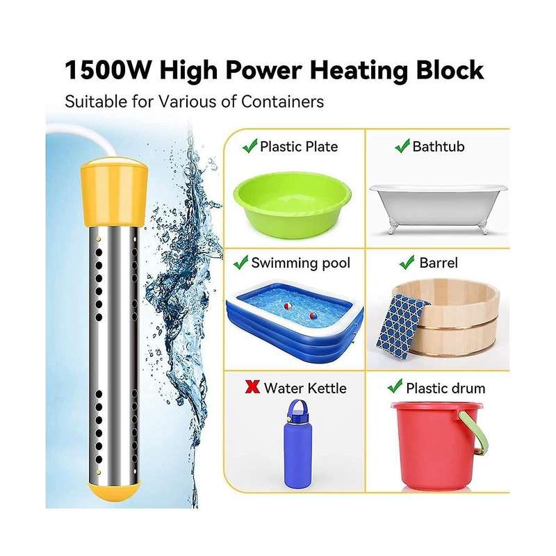 Immersion Water Heater, 1500w Electric Submersible Water Heater with Timer, Stainless Steel Cover E