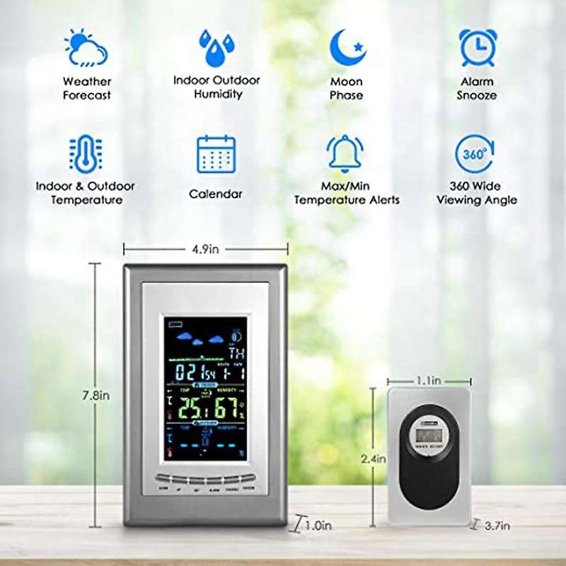 Indoor Outdoor Thermometer, Color Display Screen Weather Clock with Alarm Clock, Humidity and Weathe