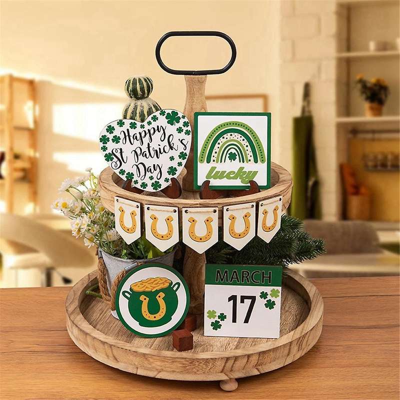 Irish St. 'S Day Lucky Four-Leaf Desktop Wooden Tiered Tray Decorative Ornaments