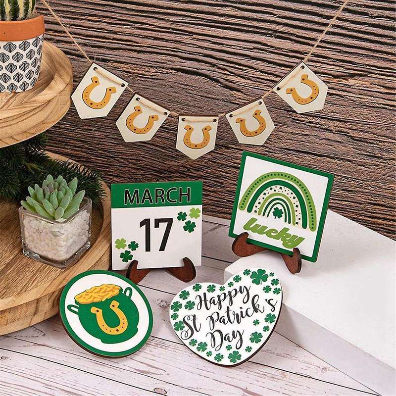 Irish St. 'S Day Lucky Four-Leaf Desktop Wooden Tiered Tray Decorative Ornaments