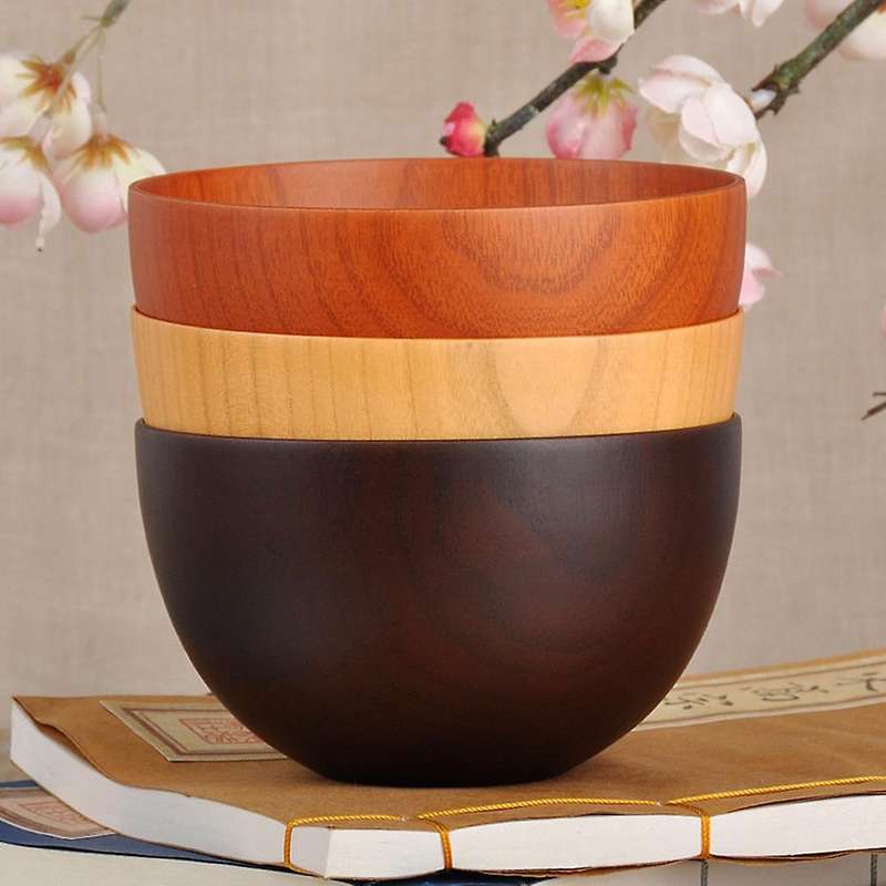Japanese Style Wooden Bowls, Salad, Noodle, Fruits and Cereal Wooden Bowl Tableware, Red-brown