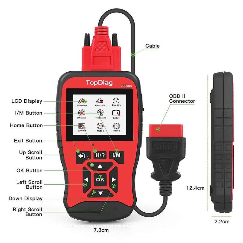 JD906S OBD2 Scanner Battery Test Scanner Code Clear Fault Code Car Diagnostic Tool HD Display Engine