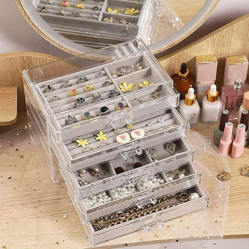 Jewelry Organizer with 5 Drawers Clear Acrylic Jewelry Box Gift Stackable Velvet Earring Display Ho