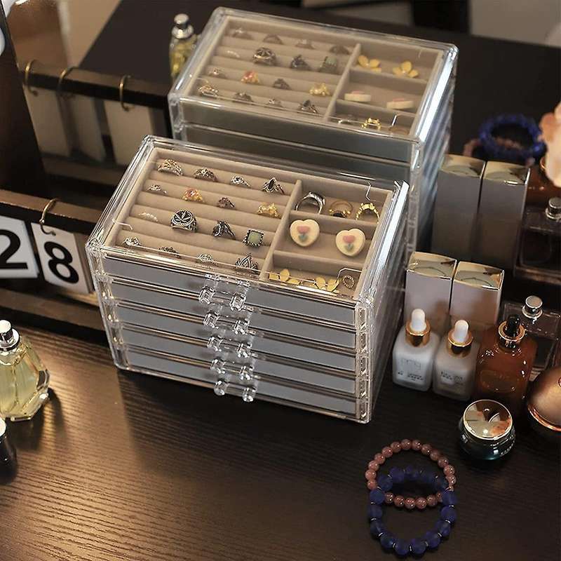 Jewelry Organizer with 5 Drawers Clear Acrylic Jewelry Box Gift Stackable Velvet Earring Display Ho