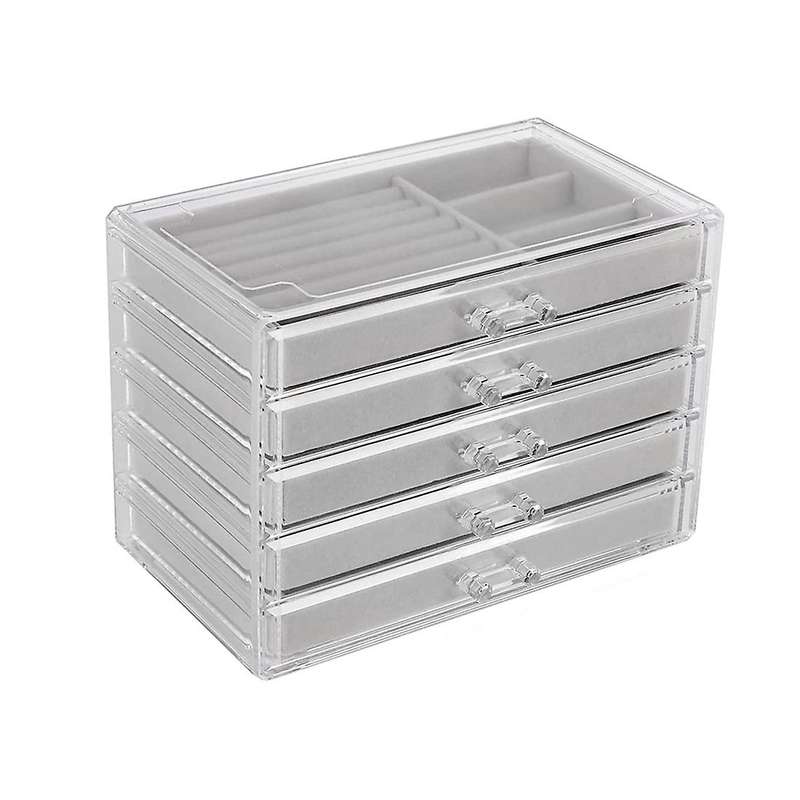 Jewelry Organizer with 5 Drawers Clear Acrylic Jewelry Box Gift Stackable Velvet Earring Display Ho