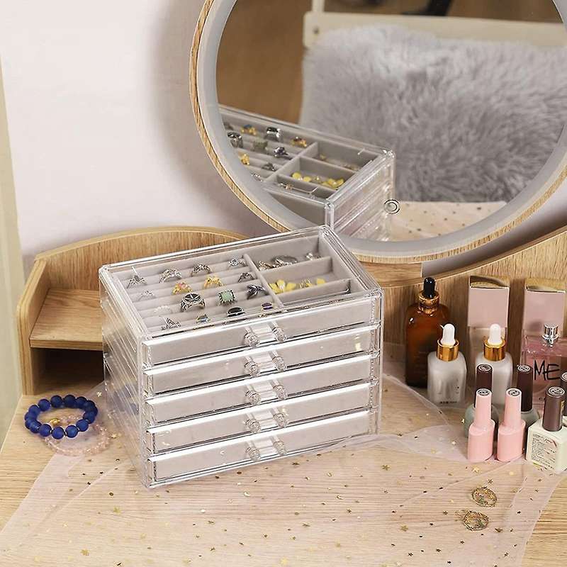 Jewelry Organizer with 5 Drawers Clear Acrylic Jewelry Box Gift Stackable Velvet Earring Display Ho