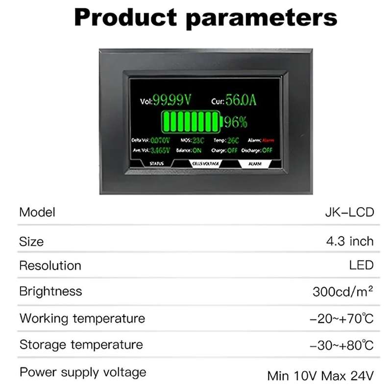 JKBMS Accessory 4.3 Inch LCD Display Suitable for All JK BMS Models Cable120cm with 4 Fixed Screws