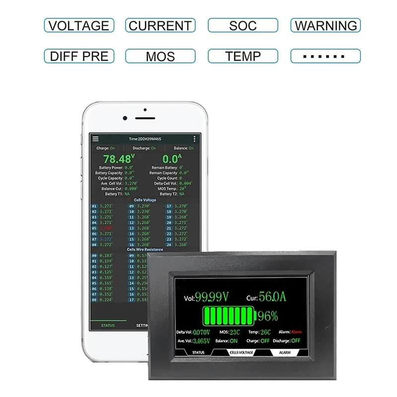 JKBMS Accessory 4.3 Inch LCD Display Suitable for All JK BMS Models Cable120cm with 4 Fixed Screws