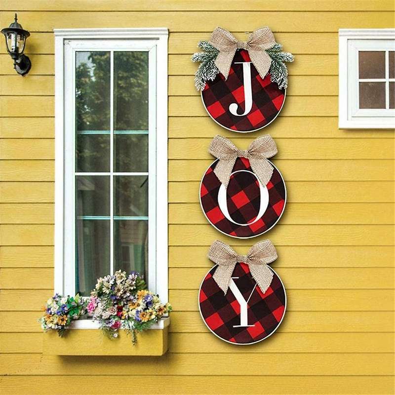 Joy Sign Front Door Decoration Rustic Wooden Wreath Check Wreath Christmas Hanging Wreath Xmas Holid