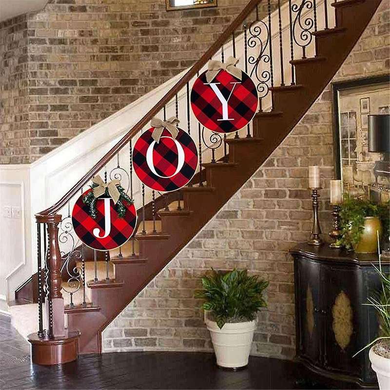 Joy Sign Front Door Decoration Rustic Wooden Wreath Check Wreath Christmas Hanging Wreath Xmas Holid