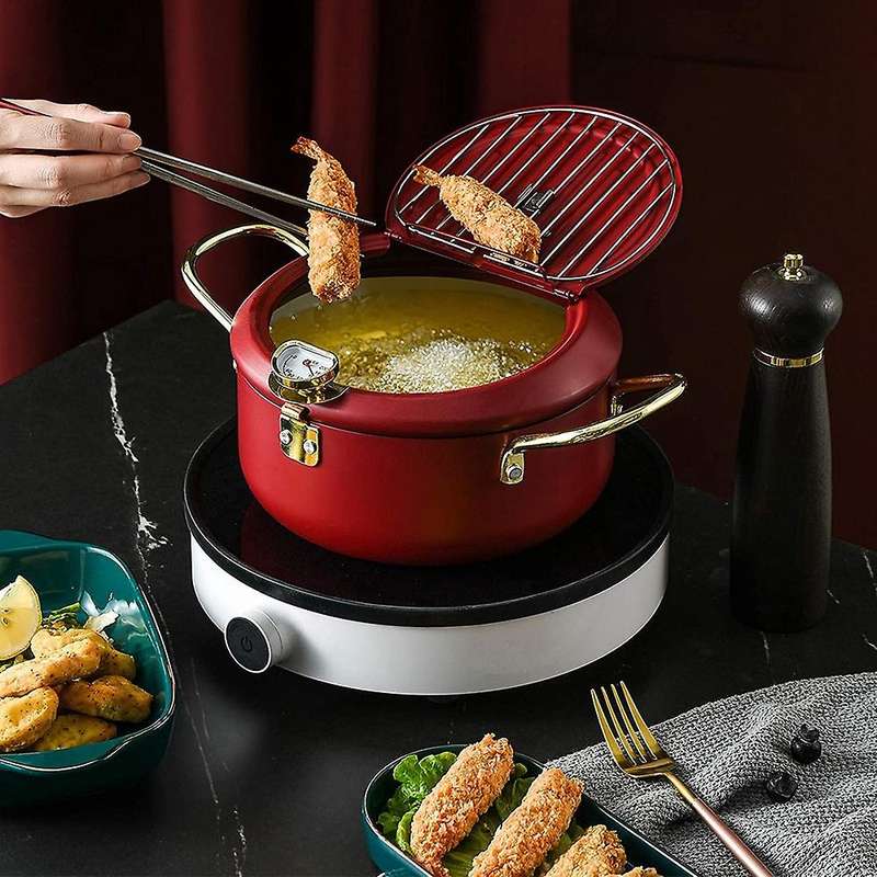 Kitchen Deep Frying Pot with Lid and Thermometer Non Stick Tempura Deep Fryer Stainless Steel Tempu