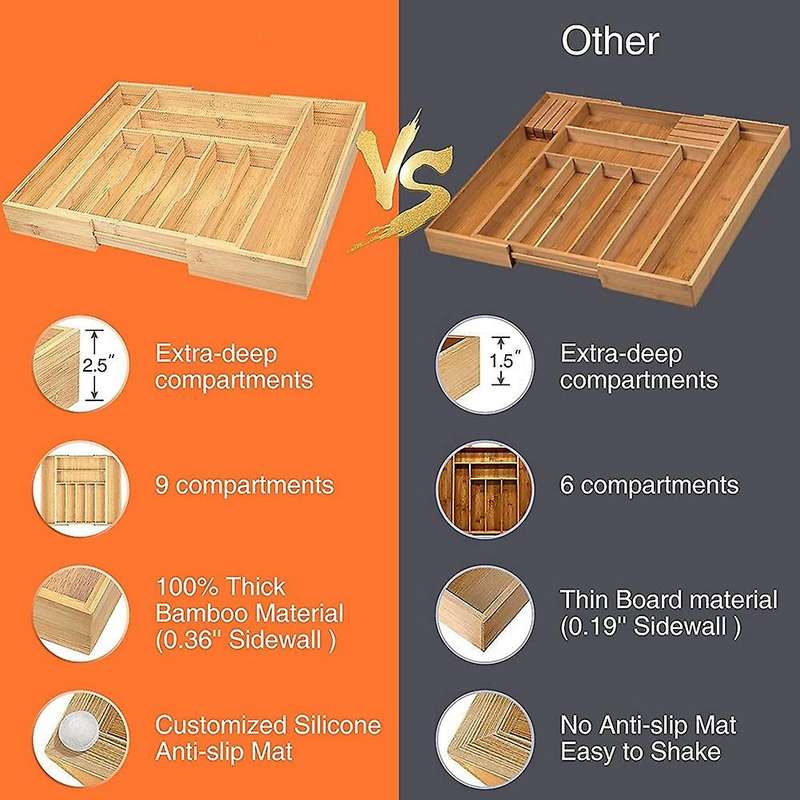 Kitchen Drawer Organizer Bamboo Adjustable Cutlery Tray Utensil Holder with Grooved Drawer Dividers