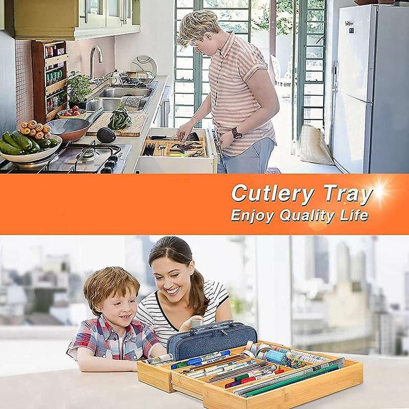 Kitchen Drawer Organizer Bamboo Adjustable Cutlery Tray Utensil Holder with Grooved Drawer Dividers