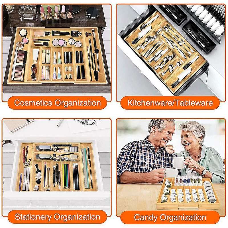 Kitchen Drawer Organizer Bamboo Adjustable Cutlery Tray Utensil Holder with Grooved Drawer Dividers