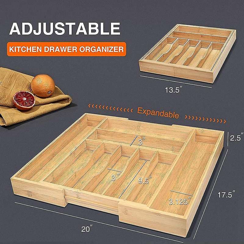 Kitchen Drawer Organizer Bamboo Adjustable Cutlery Tray Utensil Holder with Grooved Drawer Dividers