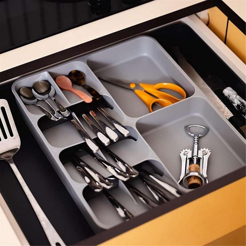 Kitchen Drawer Organizer Tray for Silverware Cutlery Utensils and Gadgets, Expandable, Gray