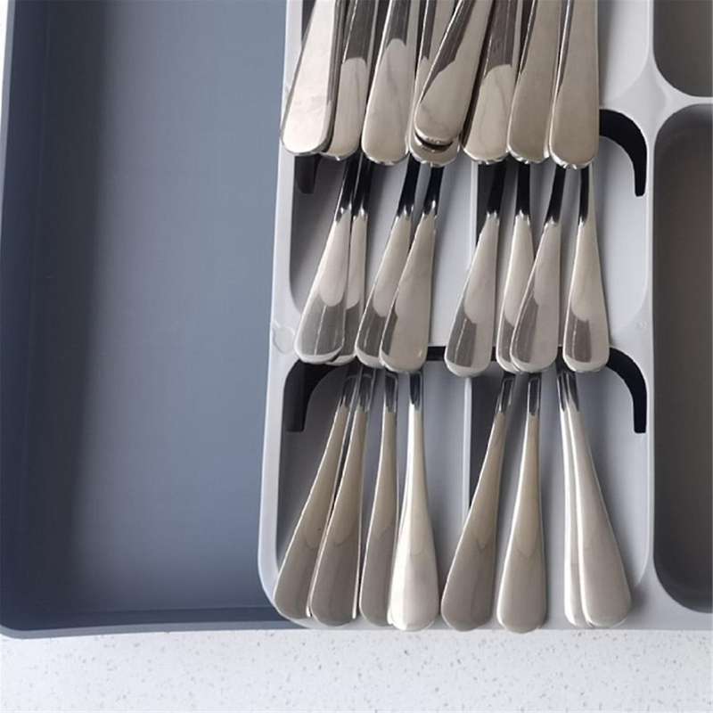 Kitchen Drawer Organizer Tray for Silverware Cutlery Utensils and Gadgets, Expandable, Gray