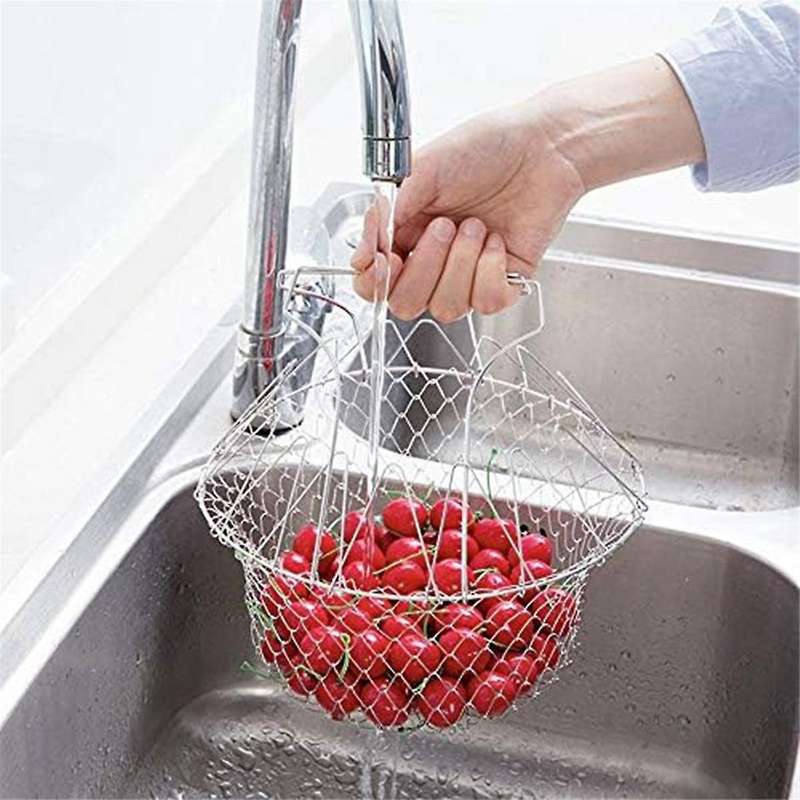 Kitchen Multi-function Poaching Boiling Deep Frying Basket, Household Folding Draining Basket