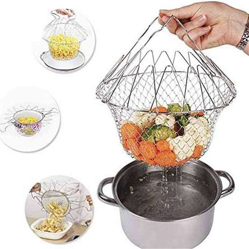 Kitchen Multi-function Poaching Boiling Deep Frying Basket, Household Folding Draining Basket
