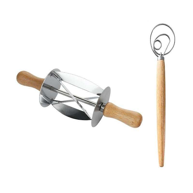 Kitchen Set,Stainless Steel Rolling Dough Cutter for Making Cake,Wooden Handle Dough Whisk Mixer