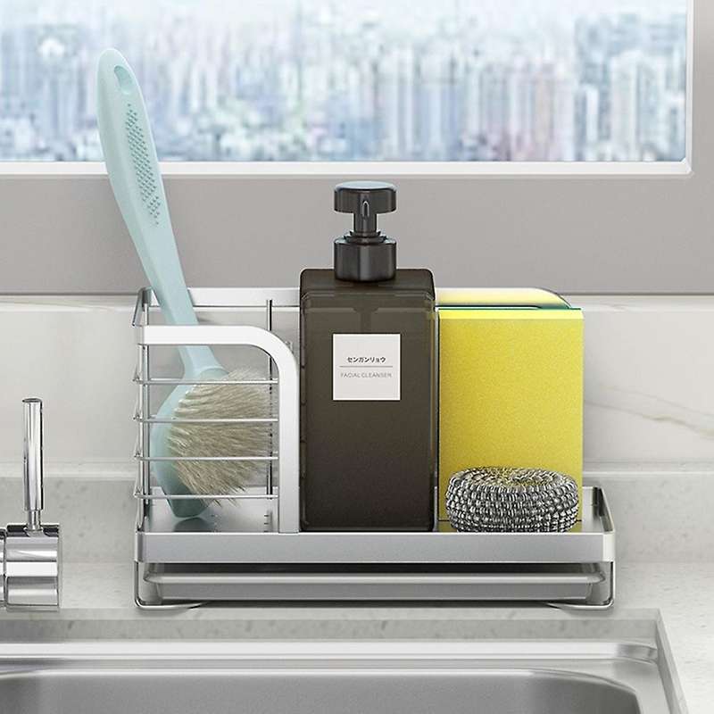 Kitchen Sink Sponge Holder Dish Brush Storage with Drain Tray, Countertop Sponge Brush Rags Soap Hol