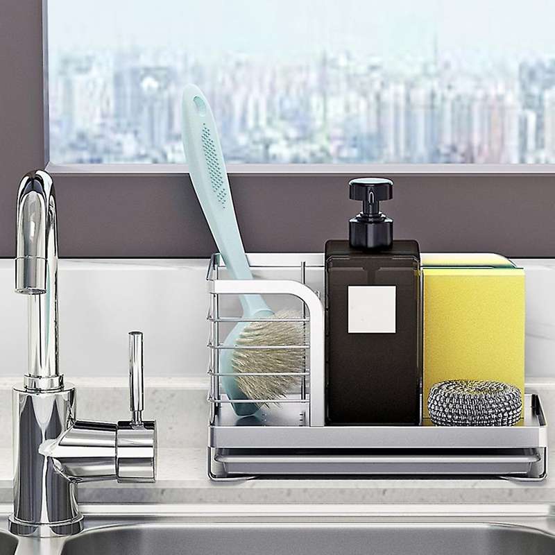 Kitchen Sink Sponge Holder Dish Brush Storage with Drain Tray, Countertop Sponge Brush Rags Soap Hol