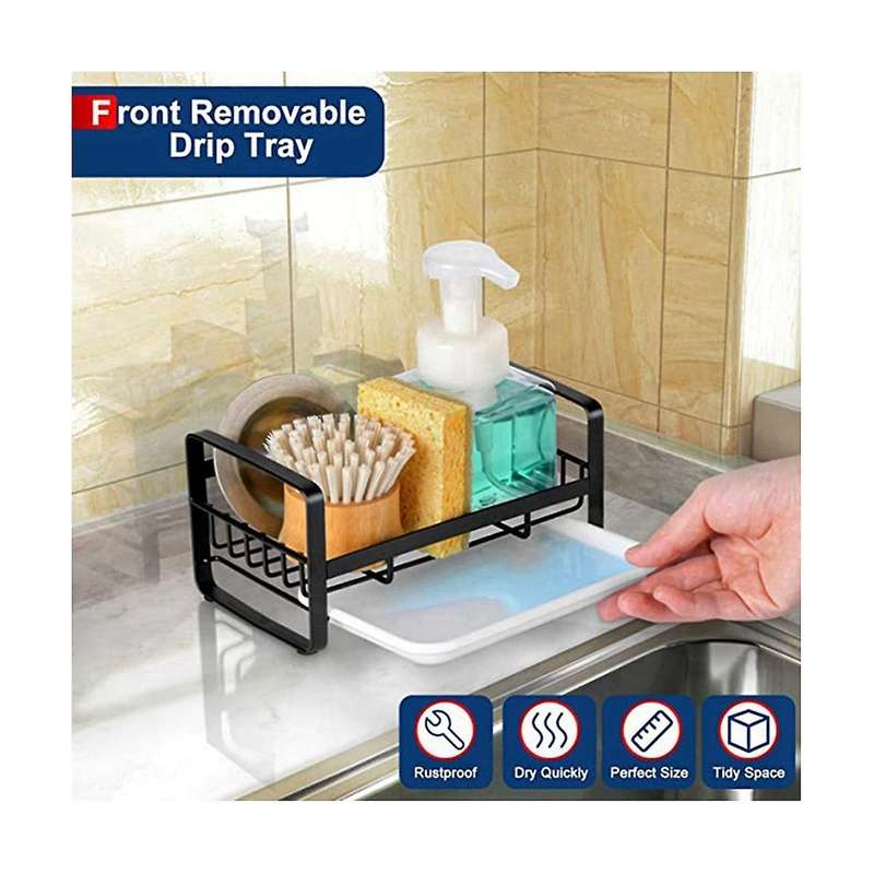 Kitchen Sink Sponge Stand, Stainless Steel Kitchen Soap Dispenser, with Removable Drain Pan
