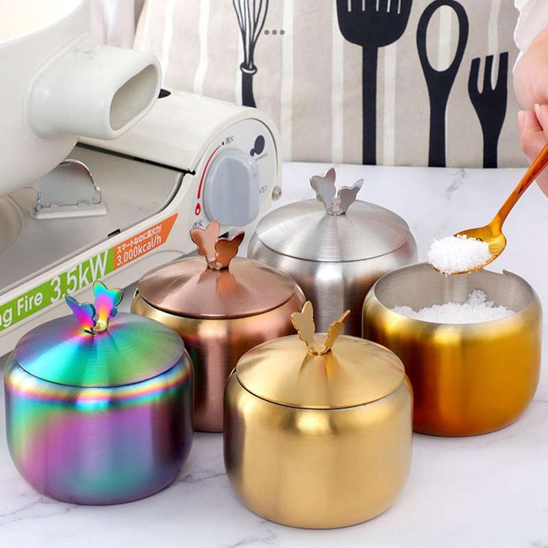 Kitchen Stainless Seasoning Condiment Pot Large Diameter Spice Salt Sugar Container Jar Tool with Li