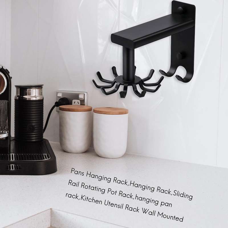 Kitchen Utensil Rack Wall Mounted, Pots and Pans Hanging Rack, Sliding Rail Rotating Pot Rack with 1