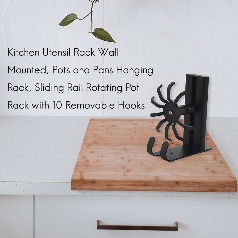 Kitchen Utensil Rack Wall Mounted, Pots and Pans Hanging Rack, Sliding Rail Rotating Pot Rack with 1