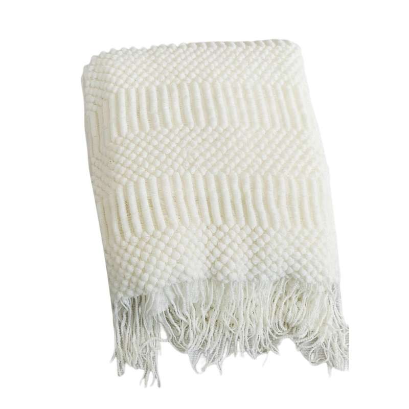 Knitted Blanket with Fringes Tassels Plain Color Cozy Lazy Blankets Home Decorative Blanket Creamy W