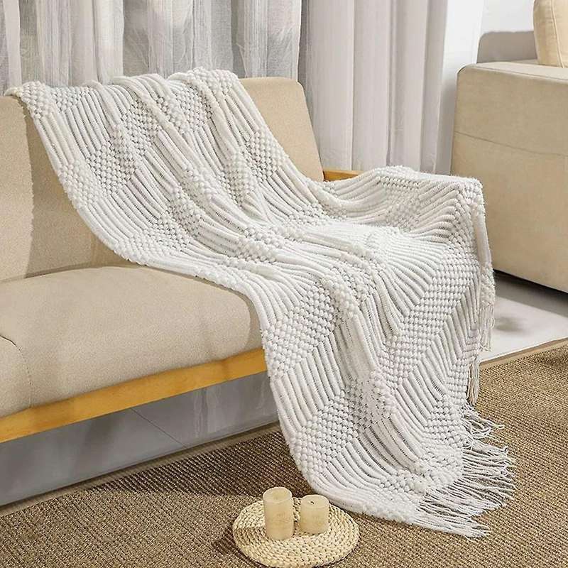 Knitted Blanket with Fringes Tassels Plain Color Cozy Lazy Blankets Home Decorative Blanket Creamy W