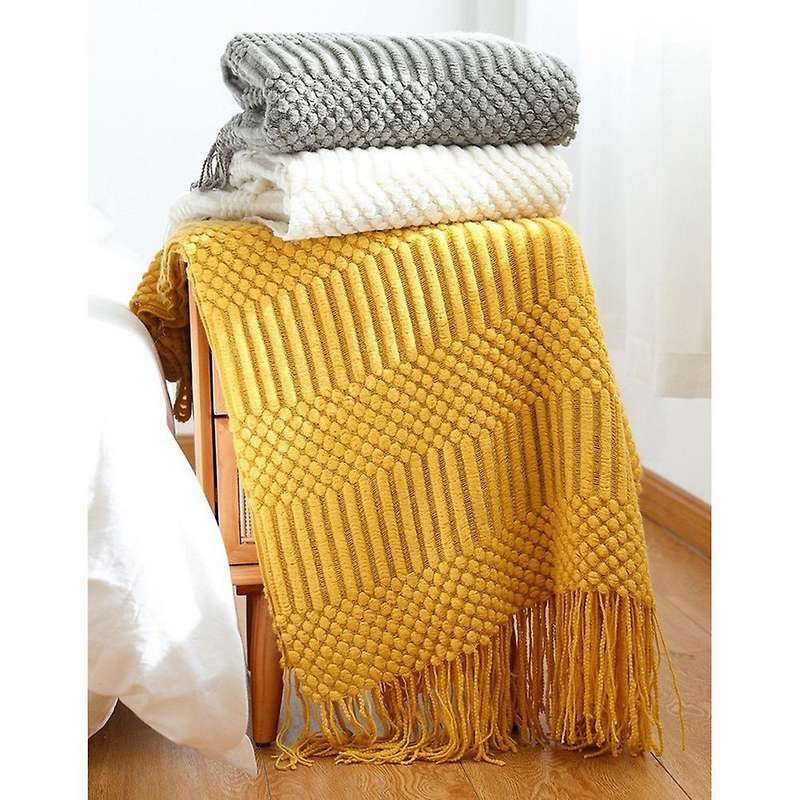 Knitted Blanket with Fringes Tassels Plain Color Cozy Lazy Blankets Home Decorative Blanket Creamy W