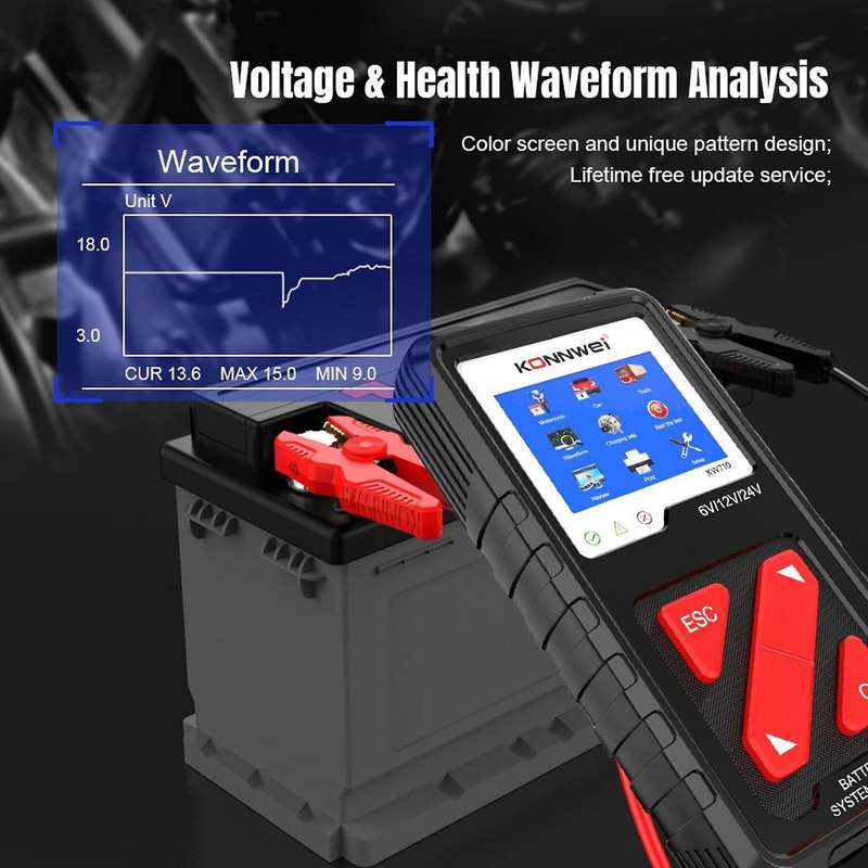 KW710 6-36V Car Battery Tester 100-2000CCA Battery Load Tester 3.2Inch Screen Cranking and Charging