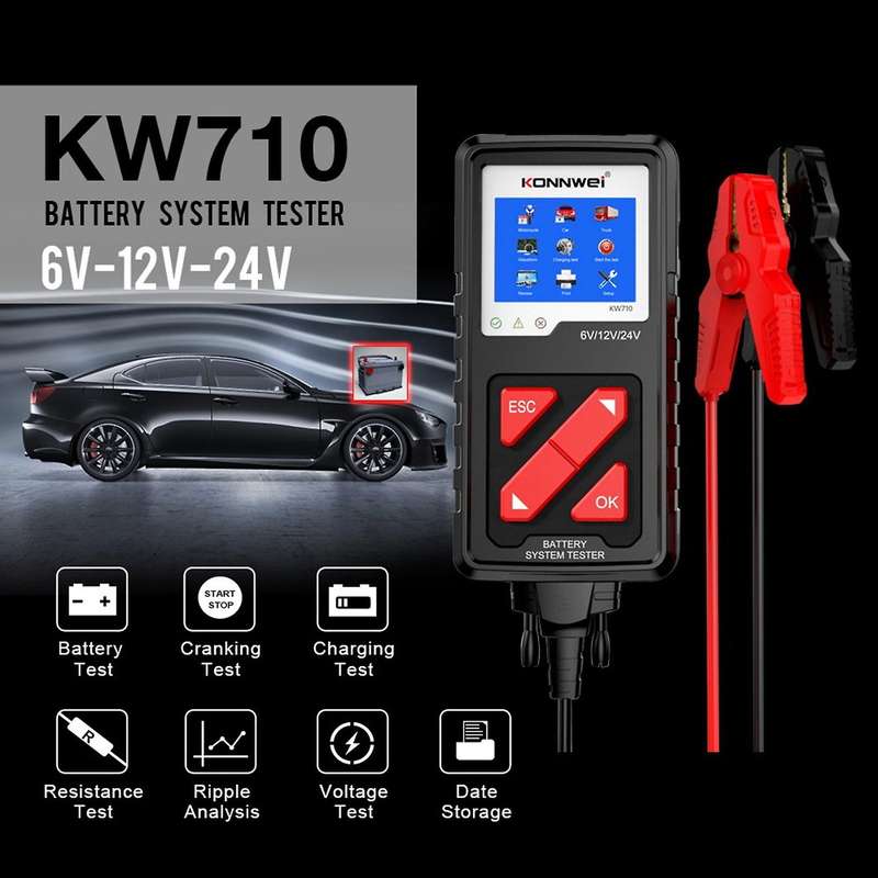 KW710 6-36V Car Battery Tester 100-2000CCA Battery Load Tester 3.2Inch Screen Cranking and Charging
