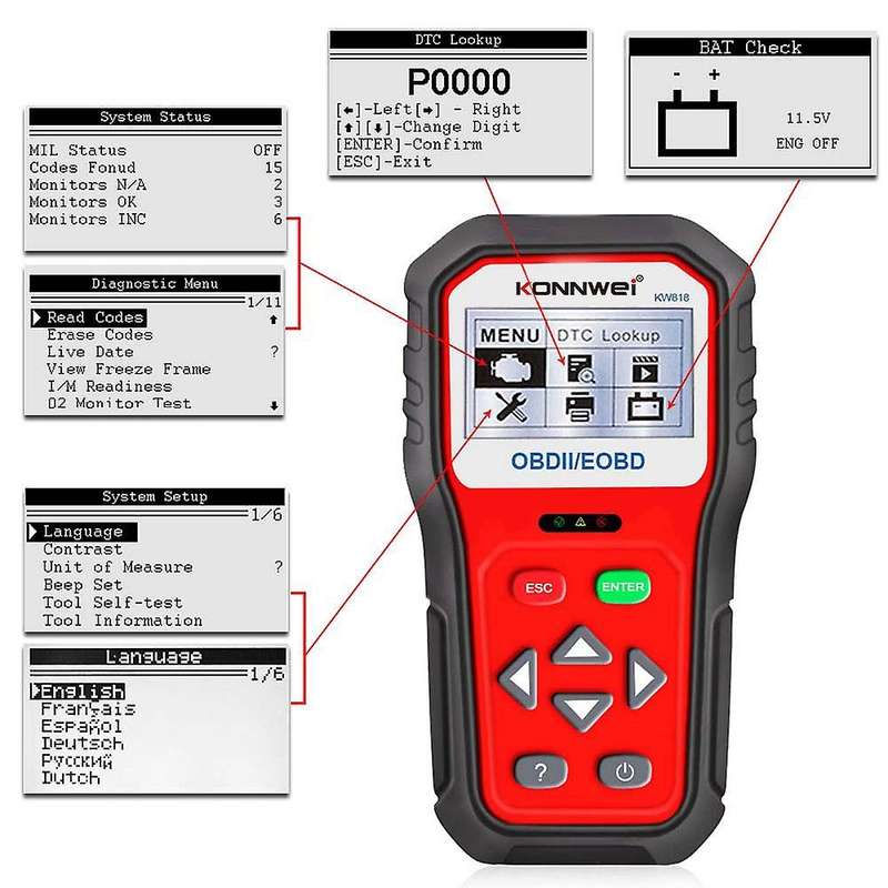 KW818 New OBDII OBD2 EOBD Automotive Car Diagnostic Scanner 12V Battery Tester Check Engine Automoti