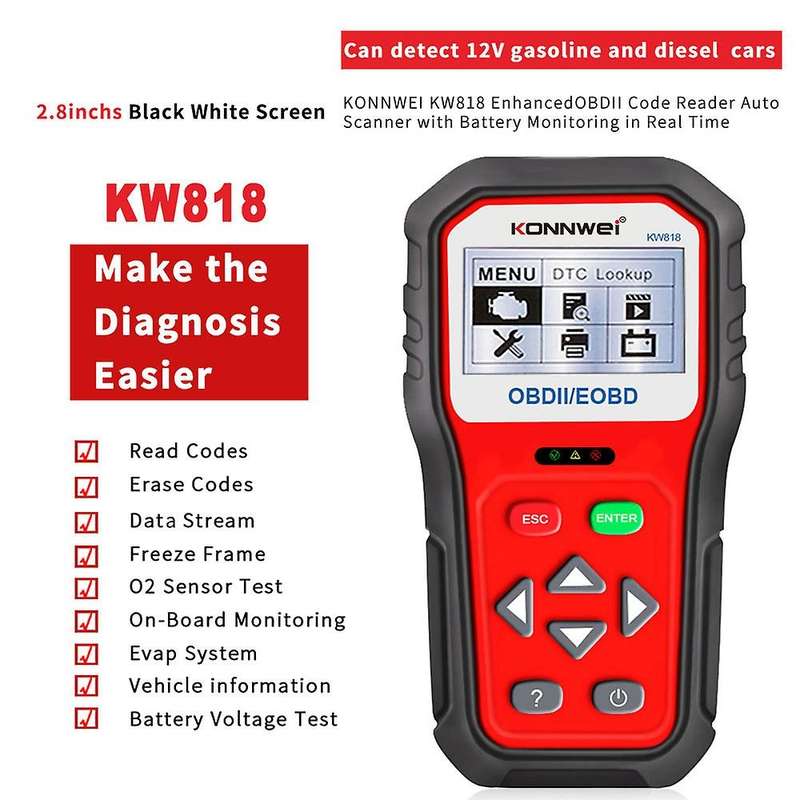KW818 New OBDII OBD2 EOBD Automotive Car Diagnostic Scanner 12V Battery Tester Check Engine Automoti