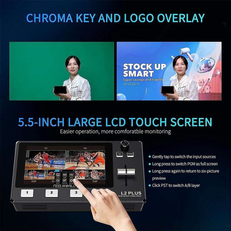 L2 Plus Multi Camera Video Mixer Switcher with 5.5In LCD Touch Screen PTZ Control Chroma Key USB3.